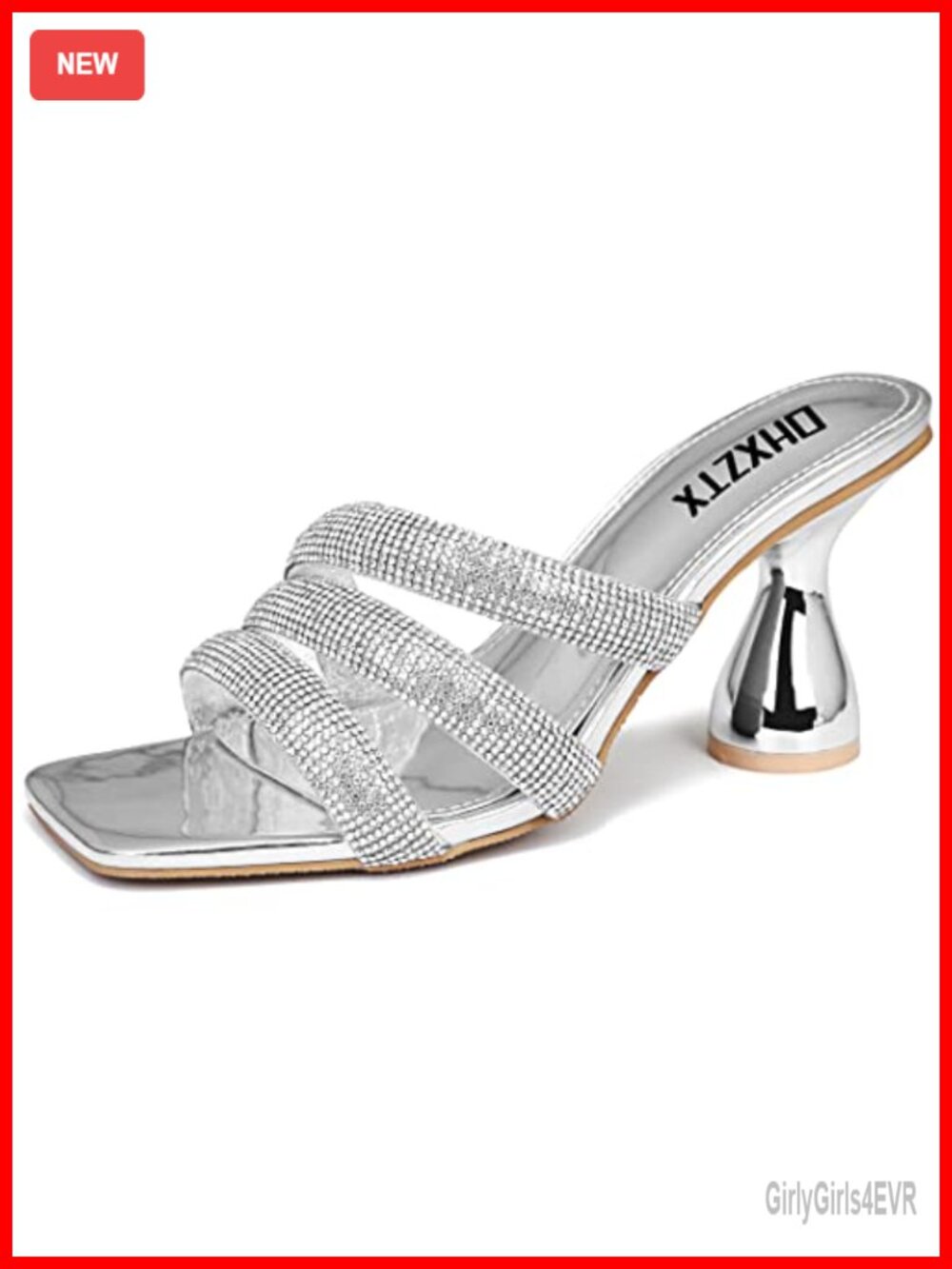 Rhinestone Square Toe Chunky Heel Mules Slip On Sandals